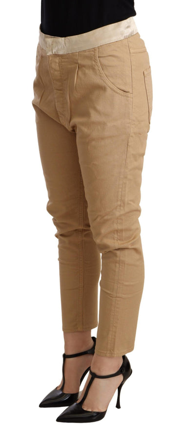Beige Mid Waist Slim Fit Skinny Stretch Trouser